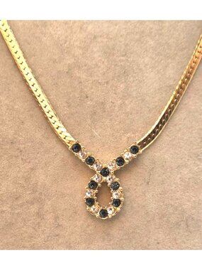 Gold-Tone Necklace With Black & Clear Crystal Pendant Elegant Oval Drop Design
